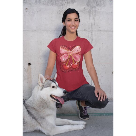 Valentine Cherries Tee Love T-Shirt Gift Shirt Valentines Day Top - Picture 9 of 11